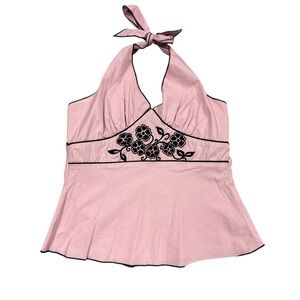 Vintage 2000s Halo Babydoll Halter Top Women M Pink Y2K Floral Embroidered Retro